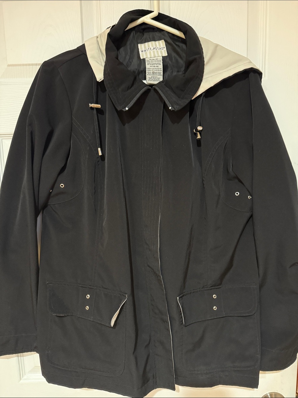 White Stag Black Rain Jacket with Cream Hood